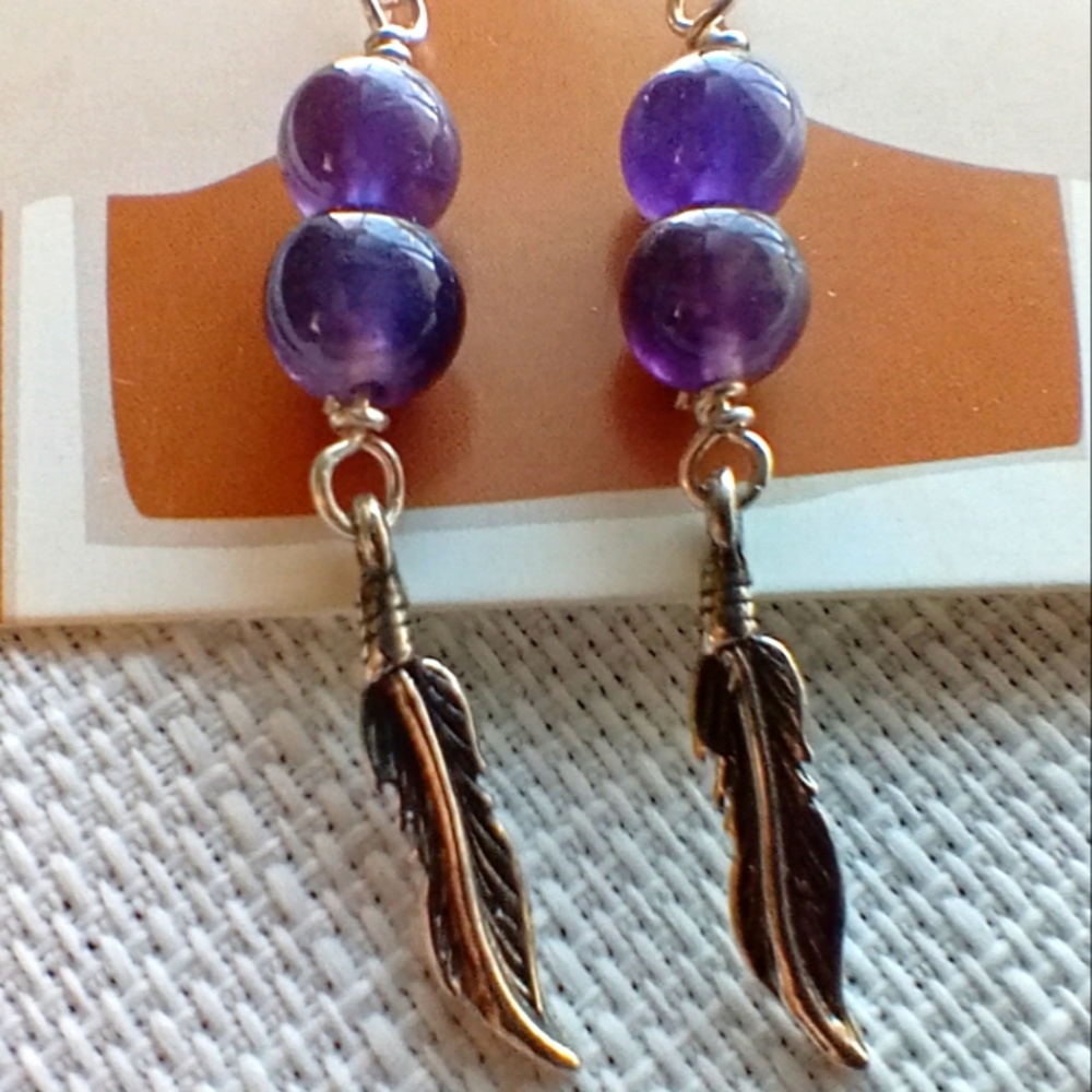 Amethyst and Feather Charm Dangle Earrings